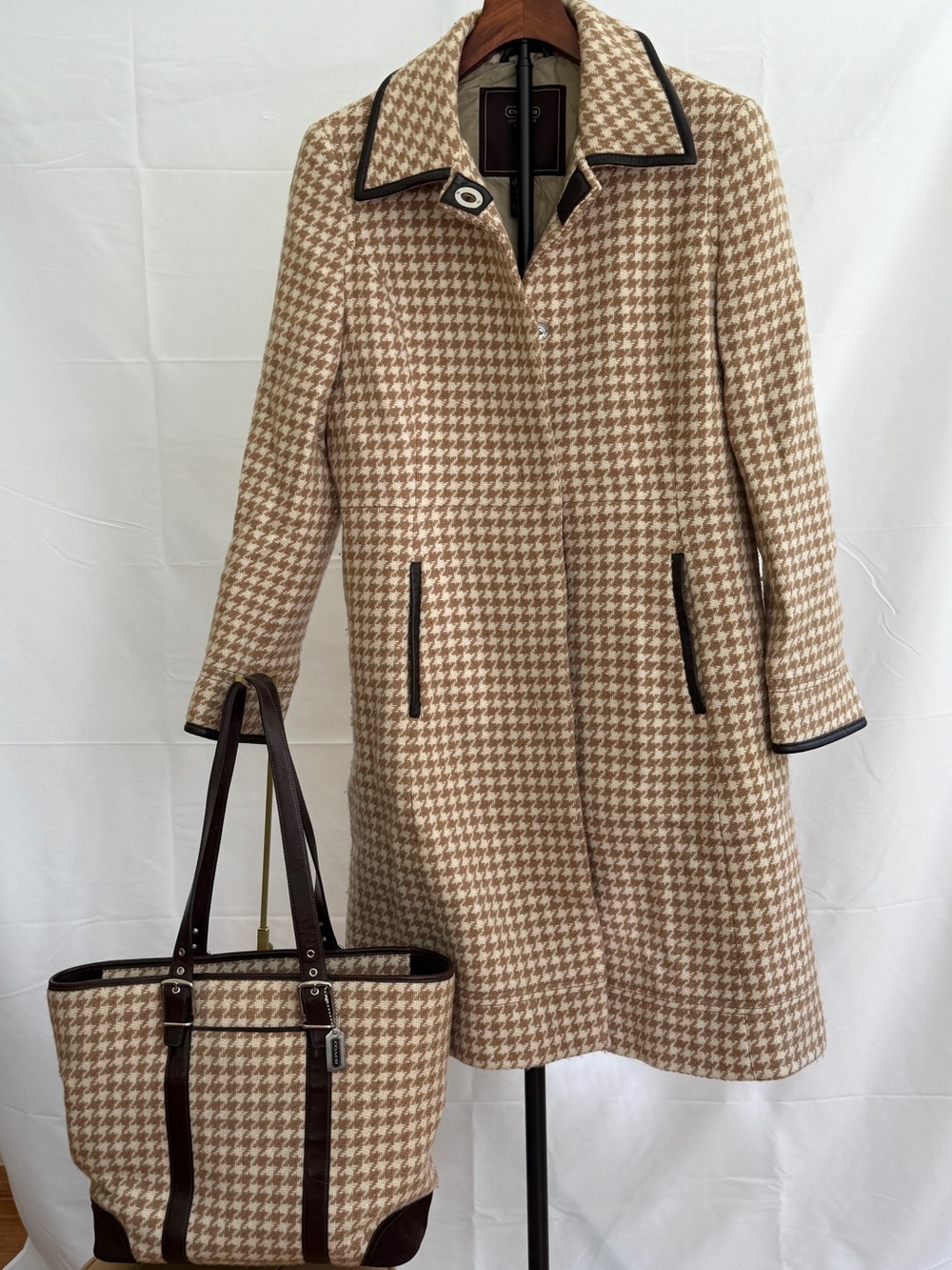 Coach Bundle. Beige/Brown Houndstooth Coat with Dark Brown Trim plus Tote Bag